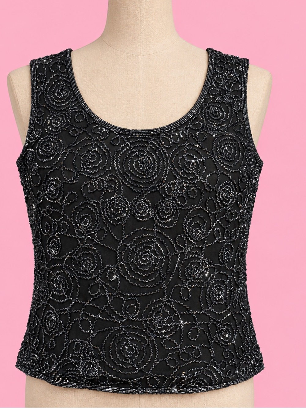 Vintage Papell Boutique Evening Black Beaded Silk Top XL